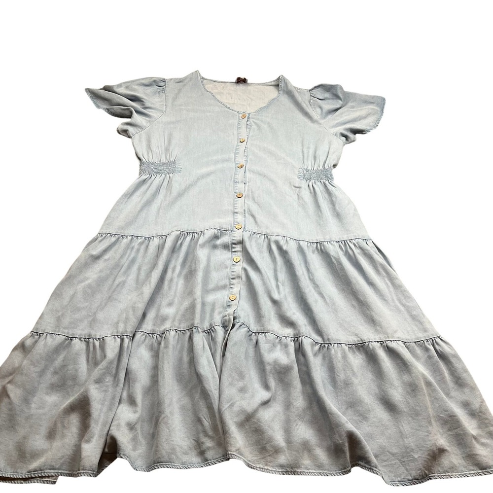 Hayden Los Angeles Denim Midi Dress Womens 2XL Tiered Puff Sleeve Smocked Waist